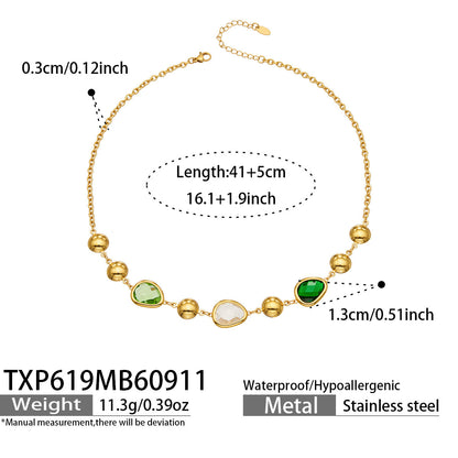 B廠【TXP619】歐美風彩面玻璃石不銹鋼鍍金不規則高級感不掉色項鍊手鍊套裝飾品 26.09-3