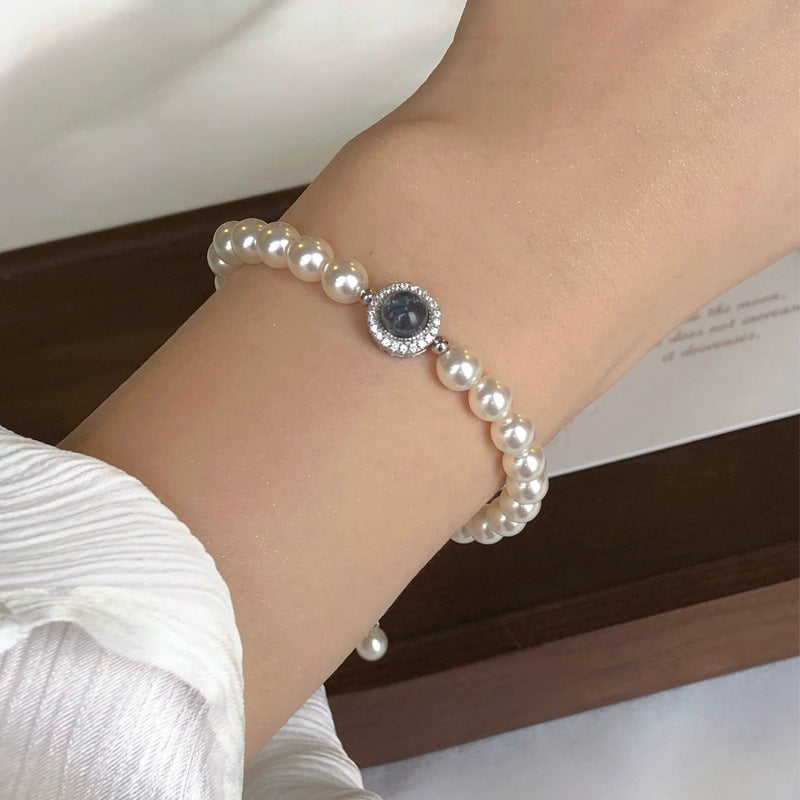 F廠【DQ0524S】S925純銀小眾法式輕奢正圓仿珍珠手鍊女精緻海藍石高級感手串
 25.09-3
