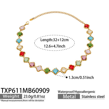 B廠【TXP611】謎麗港風顯貴四葉花不鏽鋼鍍金紅玻璃簡約小眾項鍊手鍊耳飾飾品女
 26.09-3