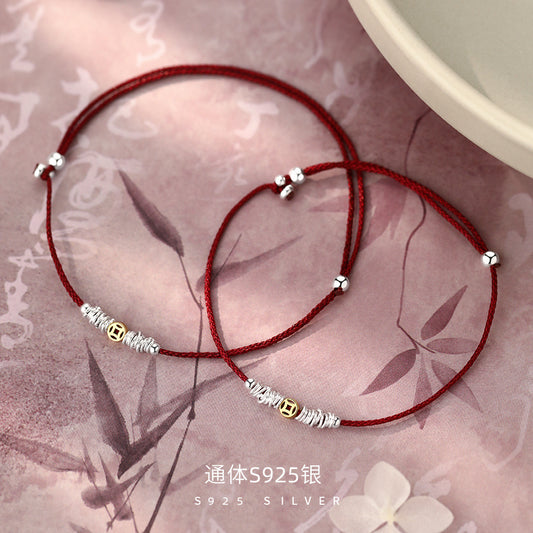 D廠【YC4874SL】純銀S925幣紅繩腳鍊手鍊溫柔國風溫柔精緻編織新中式手飾
 26.08-1