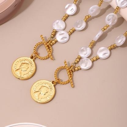 B廠【P1307】不銹鋼OT扣伊麗莎白人像切割批花鋼珠手工鍊長項鍊不掉色 25.03-4