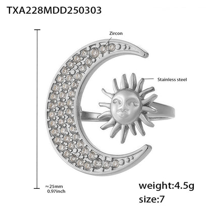 B廠【TXP228】日月同輝鑲嵌鋯石戒指鎖骨項鍊精緻創意鈦鋼18K金套裝飾品 25.03-1