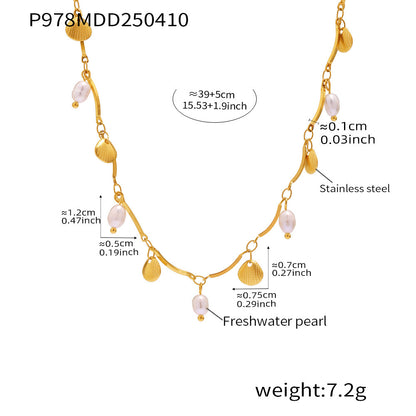 B廠【P978】歐美新款金色小貝殼淡水珍珠項鍊ins風創意設計不鏽鋼首飾 25.04-3