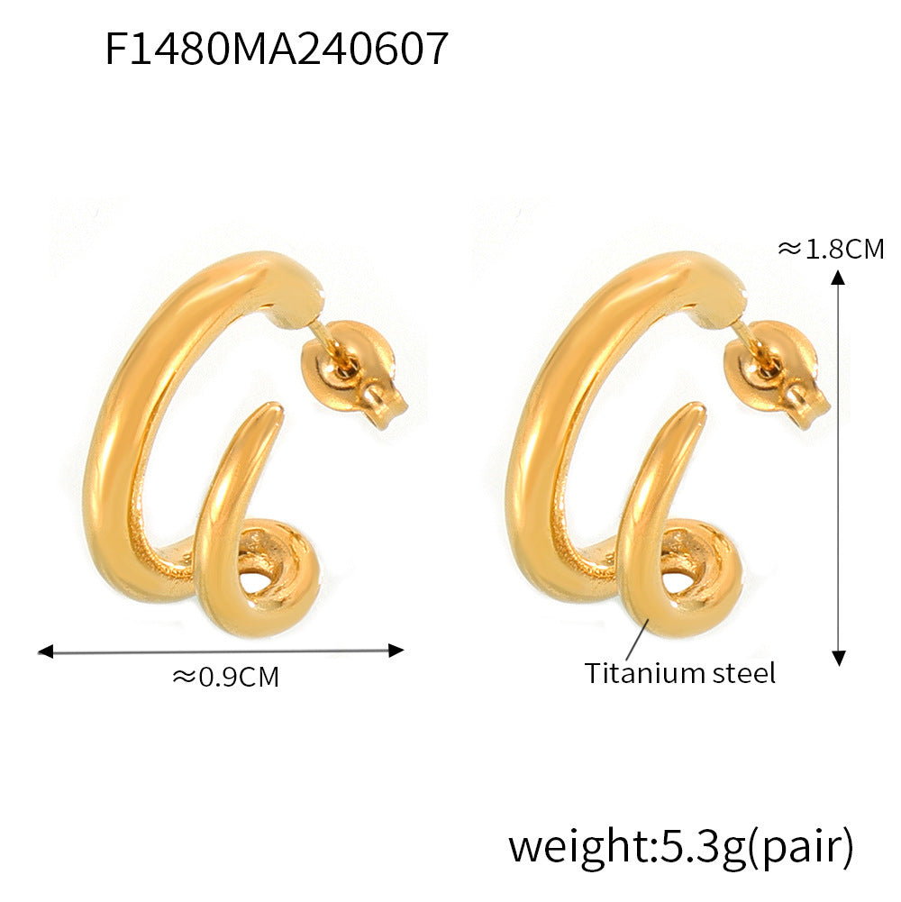 B廠【F1480】歐美跨國時尚潮流C型耳環鈦鋼鍍18k金光面耳環簡約個性小眾耳環女 24.06-2