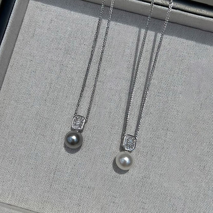 E廠【DQ0686N】S925純銀精工款方鑽正圓仿珍珠項鍊女高級感可調輕奢鎖骨鏈
 25.09-4