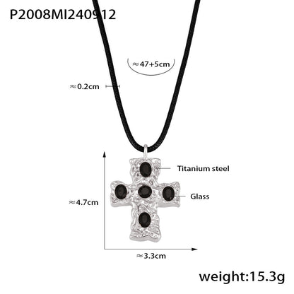 B廠【P2008】歐美跨境捶打紋玻璃十字架黑繩項鍊鈦鋼18K Gold Plated PVD項鍊 24.09-3