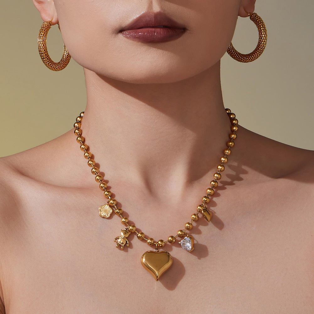 B廠【P1032】不鏽鋼鋯石大愛心小熊DIY多配件空心項鍊鍍18K真金珠寶首飾
 25.10-3