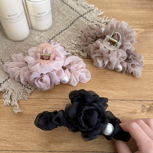 C廠【X60】韓國網紗珍珠花朵抓夾女後腦勺盤髮鯊魚夾髮量多髮夾百搭夾子髮飾
 26.03-4