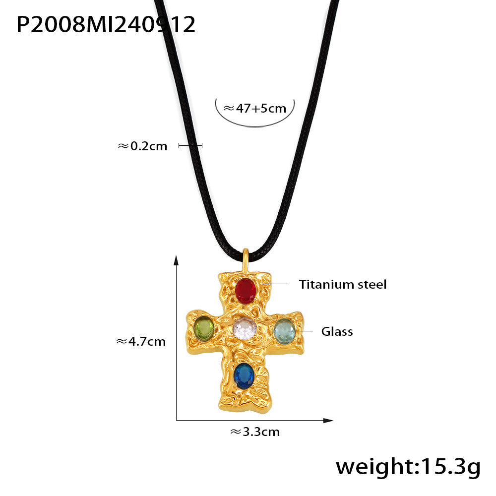 B廠【P2008】歐美跨境捶打紋玻璃十字架黑繩項鍊鈦鋼18K Gold Plated PVD項鍊 24.09-3