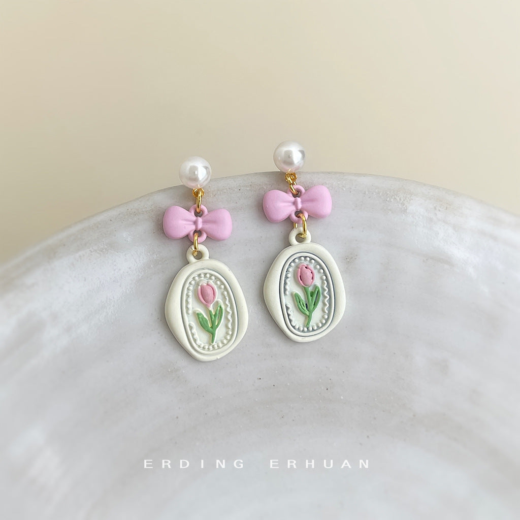 A廠【6258】小清新甜美烤漆粉紅蝴蝶結鬱金香耳環女優雅氣質長花耳環
 26.02-4