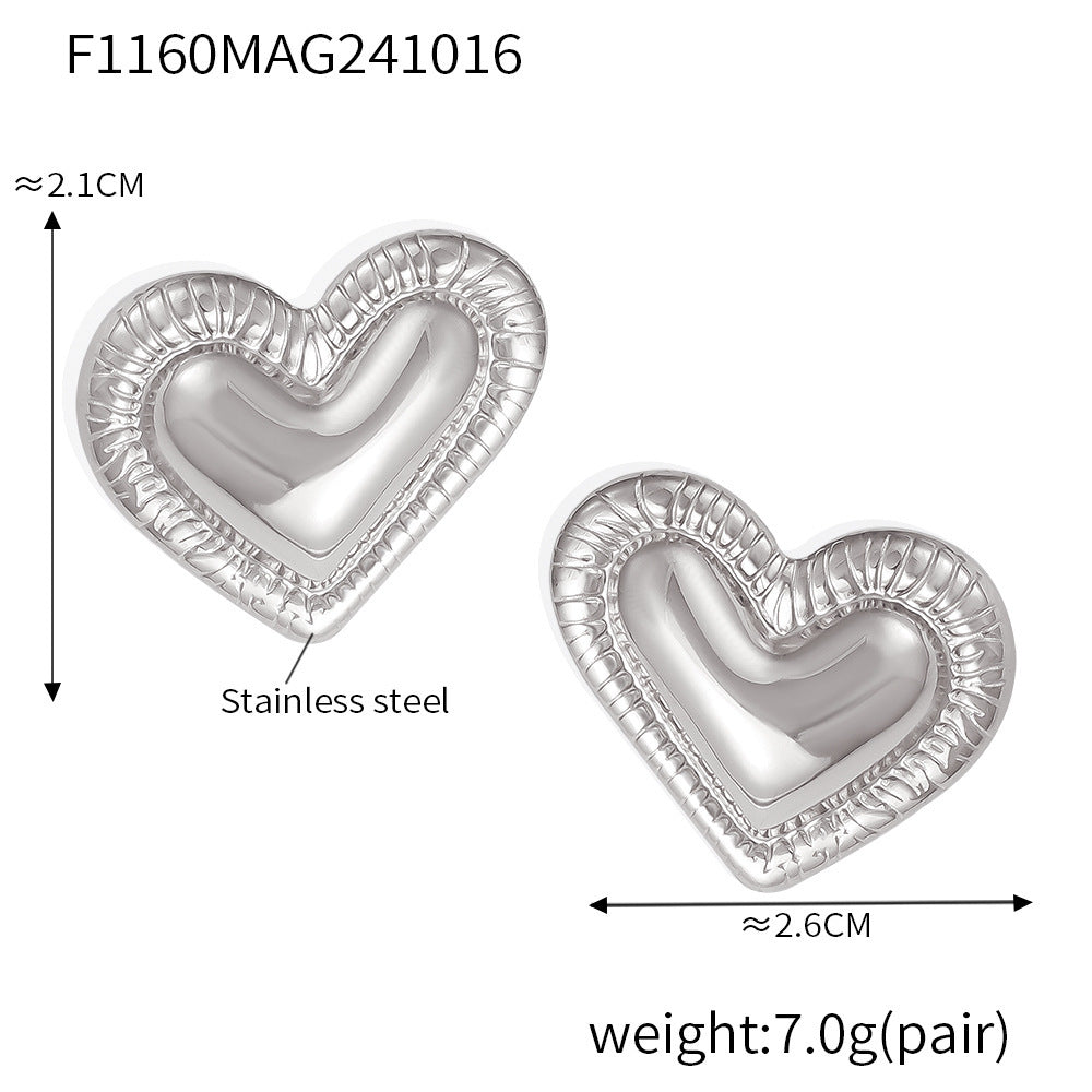 B廠【F1160】ins風縫線豎條紋愛心耳環女小眾不鏽鋼保色不過敏桃心耳飾 24.10-4