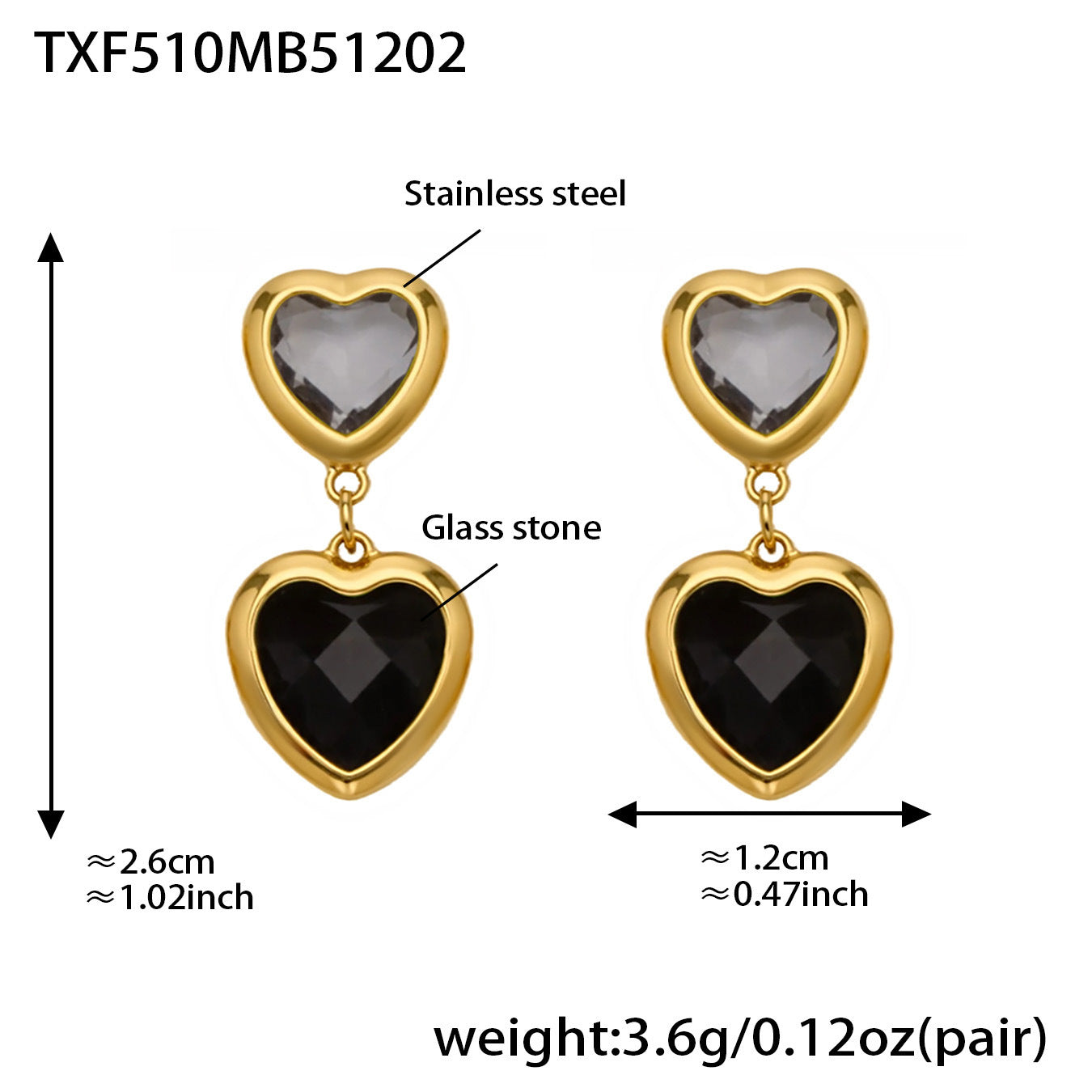 B廠【TXP510】不鏽鋼愛心切麵包邊玻璃石鋼珠項鍊手鍊耳環組鍍18k真金不掉色
 25.12-2