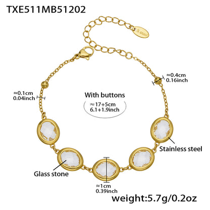 B廠【TXP511】不鏽鋼幾何橢圓切面玻璃石包邊項鍊手鍊耳環組鍍18k金跨國首飾
 25.12-2