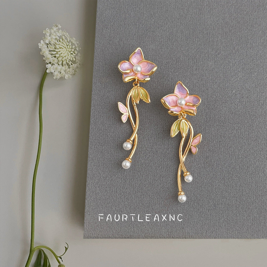 A廠【7364】原創設計琺瑯滴釉手工彩繪清新甜美s925銀針長款流蘇花朵耳飾耳環
 26.01-4