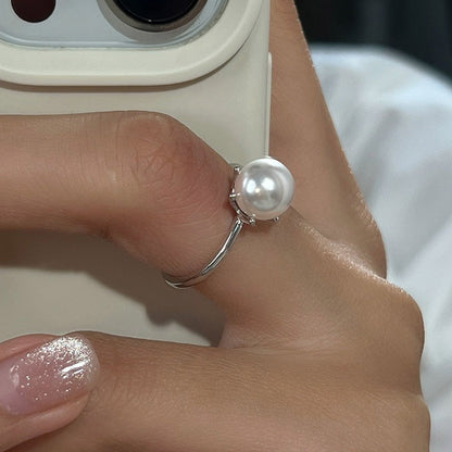 E廠【DQ8496R】S925純銀簡約百搭款素圈正圓仿珍珠戒指女氣質優雅開口戒指環
 25.09-4