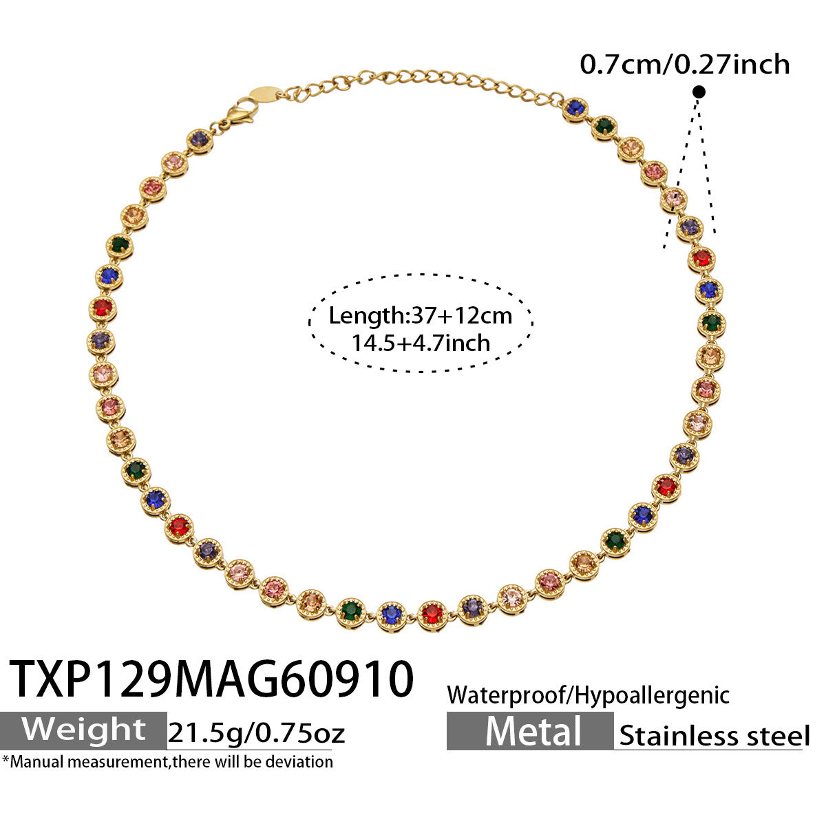 B廠【TXP129】新款橢圓彩色鋯石鎖骨鏈不銹鋼鍍金輕奢時尚手鍊項鍊耳環套裝
 26.09-3