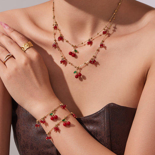 B廠【TXP475】不銹鋼大小櫻桃水果吊墜項鍊手鍊不銹鋼鍍18k真金飾品套裝
 25.11-3