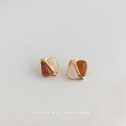 A廠【2424】通勤百搭時尚雙色幾何耳環法式復古優雅方形清新綠色拼接氣質耳飾 25.04-1