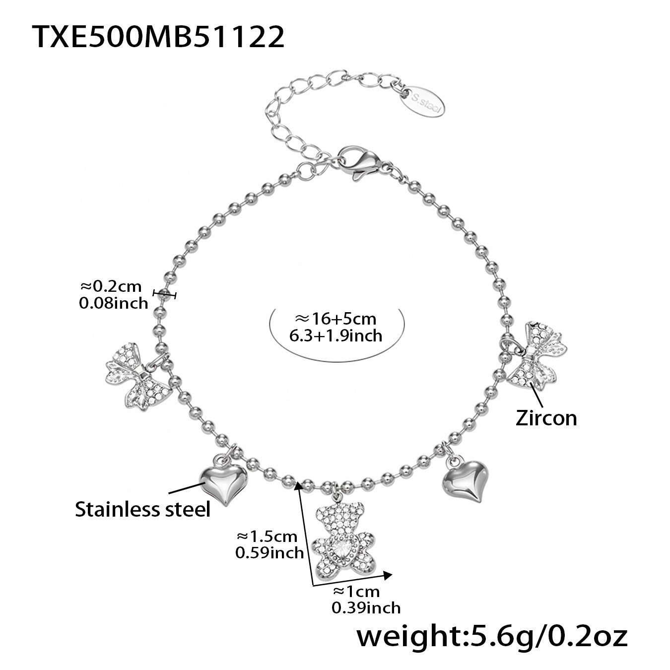 B廠【TXP500】不銹鋼5A鋯石滿鑽小熊蝴蝶結愛心多配件吊墜項鍊手鍊耳環首飾套裝
 25.11-4