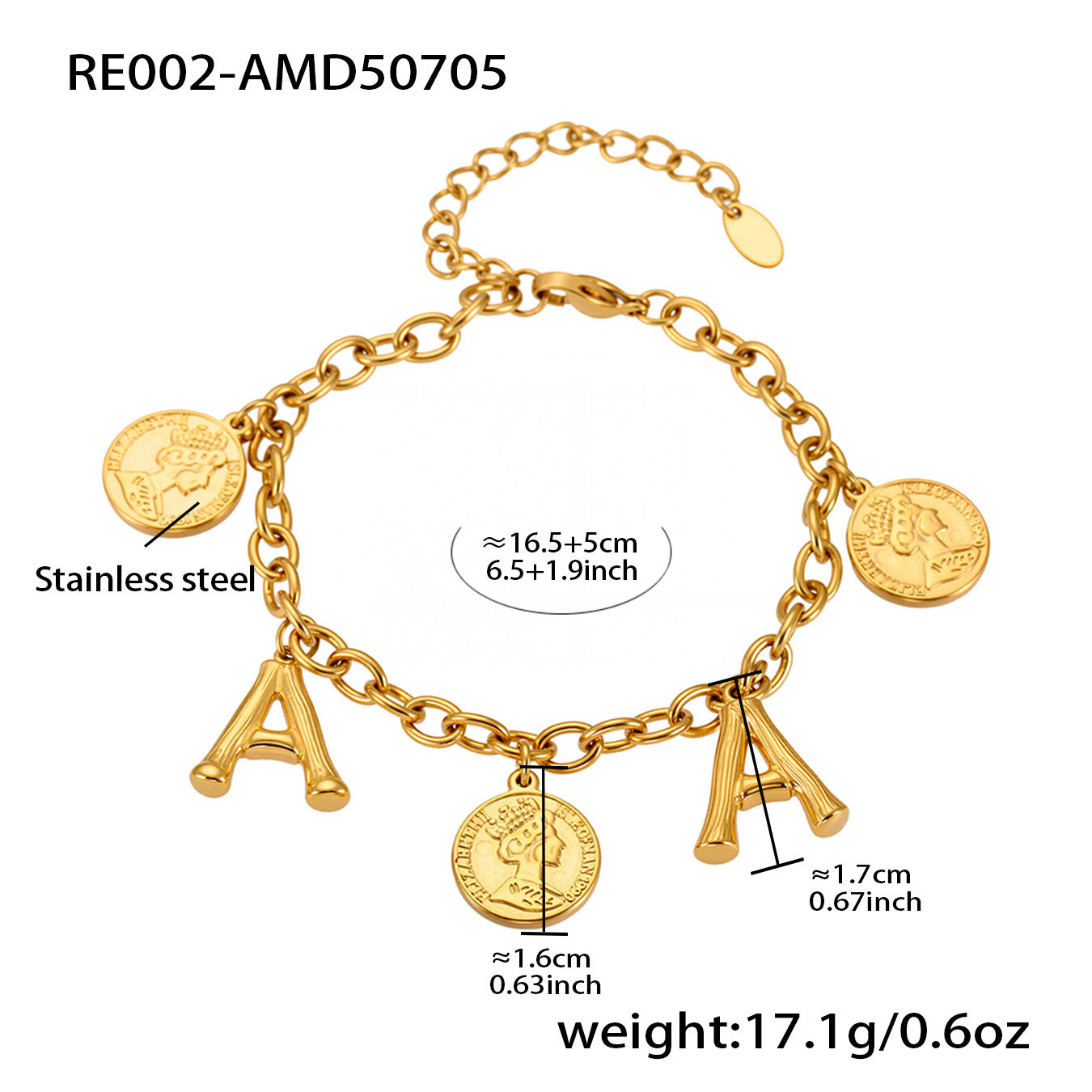 B廠【RE002】歐美飾品不鏽鋼26個字母伊莉莎白女王圖像手鍊鍍18k金色保色 25.07-3