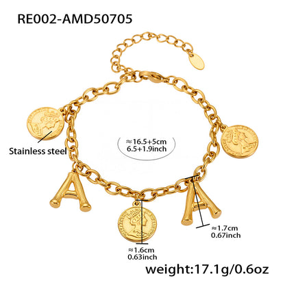 B廠【RE002】歐美飾品不鏽鋼26個字母伊莉莎白女王圖像手鍊鍍18k金色保色 25.07-3