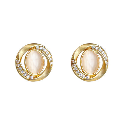 A廠【6425】時尚高級感原創設計師款微鑲鋯石925銀針鍍14K玻璃貓眼石耳環耳飾 25.07-2