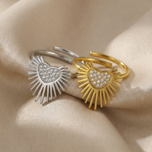 B廠【A038】歐美簡約5A鋯石超閃愛心開口戒指不鏽鋼ins小眾時尚指環鍍18k真金
 26.02-1