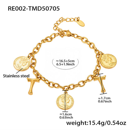 B廠【RE002】歐美飾品不鏽鋼26個字母伊莉莎白女王圖像手鍊鍍18k金色保色 25.07-3