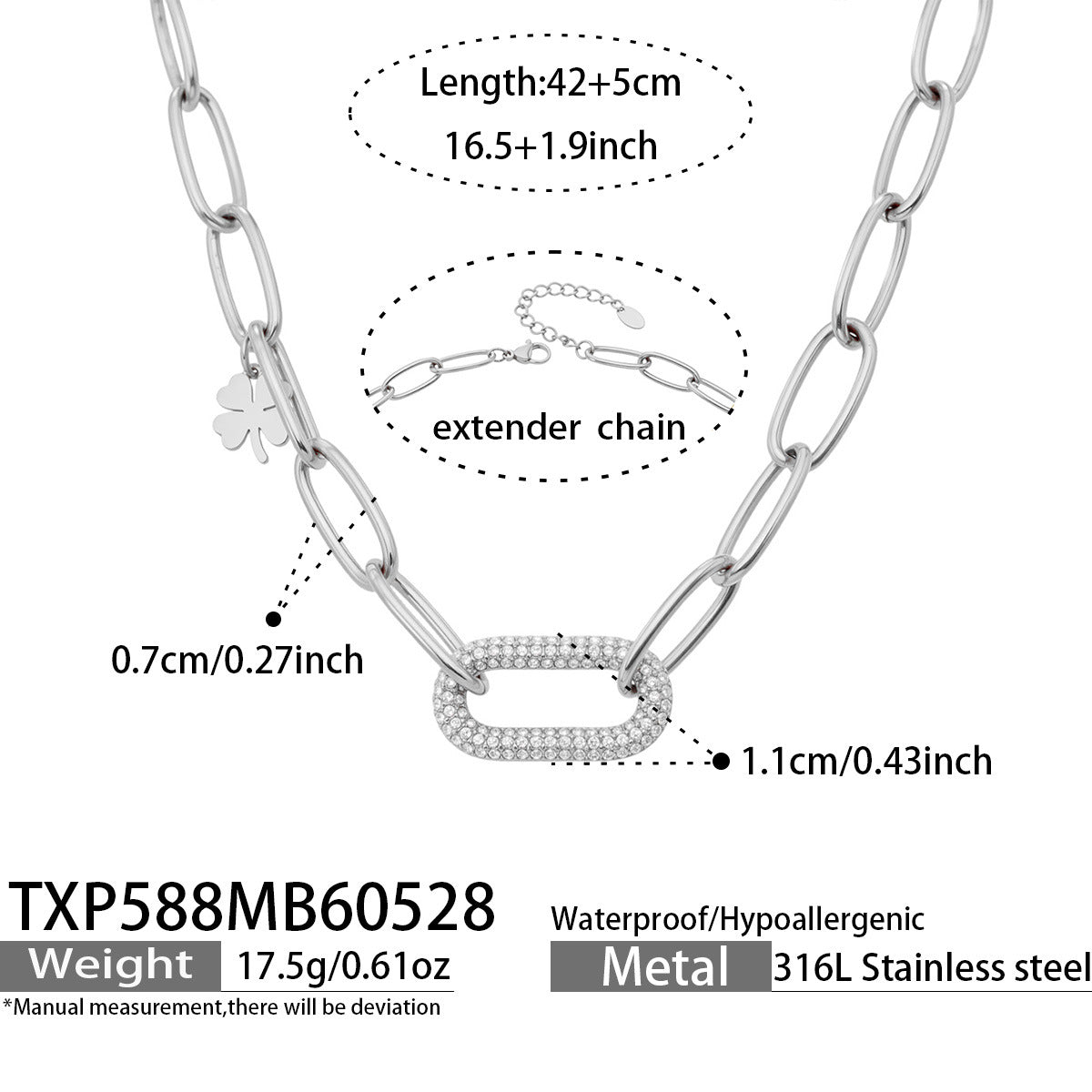 B廠【TXP588】歐美熱銷款粗鏈鎖扣幸運草滿鑽鋯石不銹鋼項鍊手鍊個性高質感套裝
 26.06-1