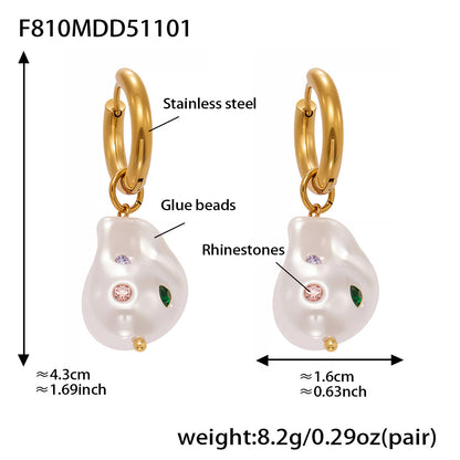 B廠【F810】不鏽鋼異形巴洛克膠珠耳環鍍18k金彩色水鑽時尚輕奢耳飾女
 25.11-1