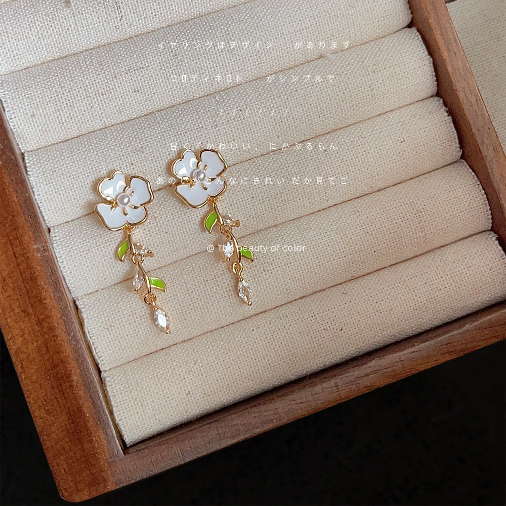A廠【2551】春夏森系清新微鑲鋯石花朵耳環925銀針度假風滴釉樹葉甜美耳飾女
 25.11-4