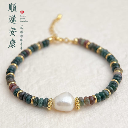 A廠【S201】天然石印度瑪瑙淡水珍珠文藝復古民族風手工藝設計師款手鍊手飾 25.03-4