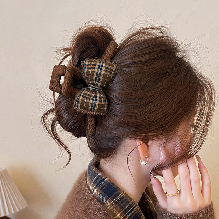 C廠【P91】摩卡暖調~頭髮抓夾女格紋蝴蝶結髮夾2025新款大號盤髮鯊魚夾髮飾
 26.01-1