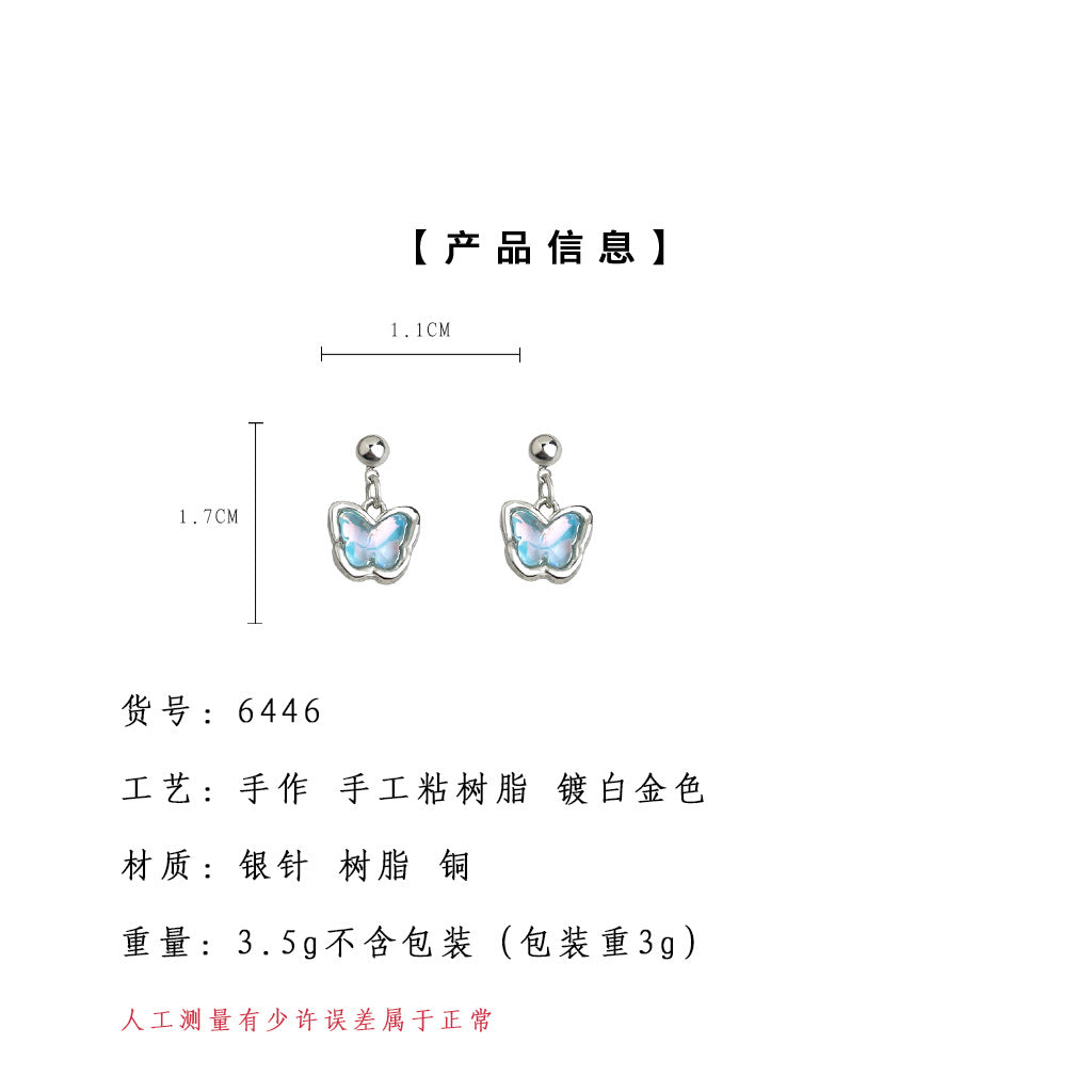 C廠【6446】漸層藍夏日小清新甜美可愛蝴蝶耳飾 925銀針簡約通勤耳環 25.07-3