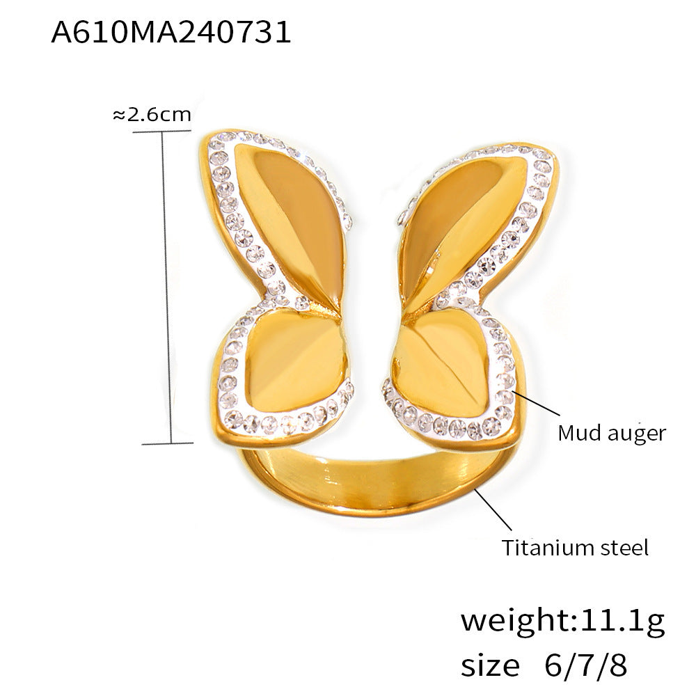 B廠【A610】歐美ins風蝴蝶花朵鑲鑽戒指小眾氣質昆蟲手飾開口設計鈦鋼鍍18k金 24.08-2