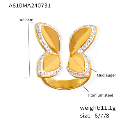 B廠【A610】歐美ins風蝴蝶花朵鑲鑽戒指小眾氣質昆蟲手飾開口設計鈦鋼鍍18k金 24.08-2