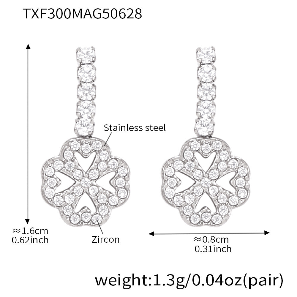 B廠【TXP300】超閃5A鋯石2mm鑽四葉花愛心手鍊項鍊組不鏽鋼鍍18k金飾品 25.07-1