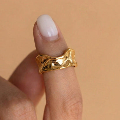 B廠【A120】歐美跨國飾品不鏽鋼重工壓紋不規則褶皺開口戒指鍍18k真金指環女
 26.01-1