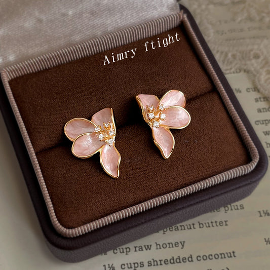 C廠【6950】溫柔氣質微鑲鋯石925銀針清新甜美小香風琺瑯滴釉花朵耳環 耳飾女
 25.10-5