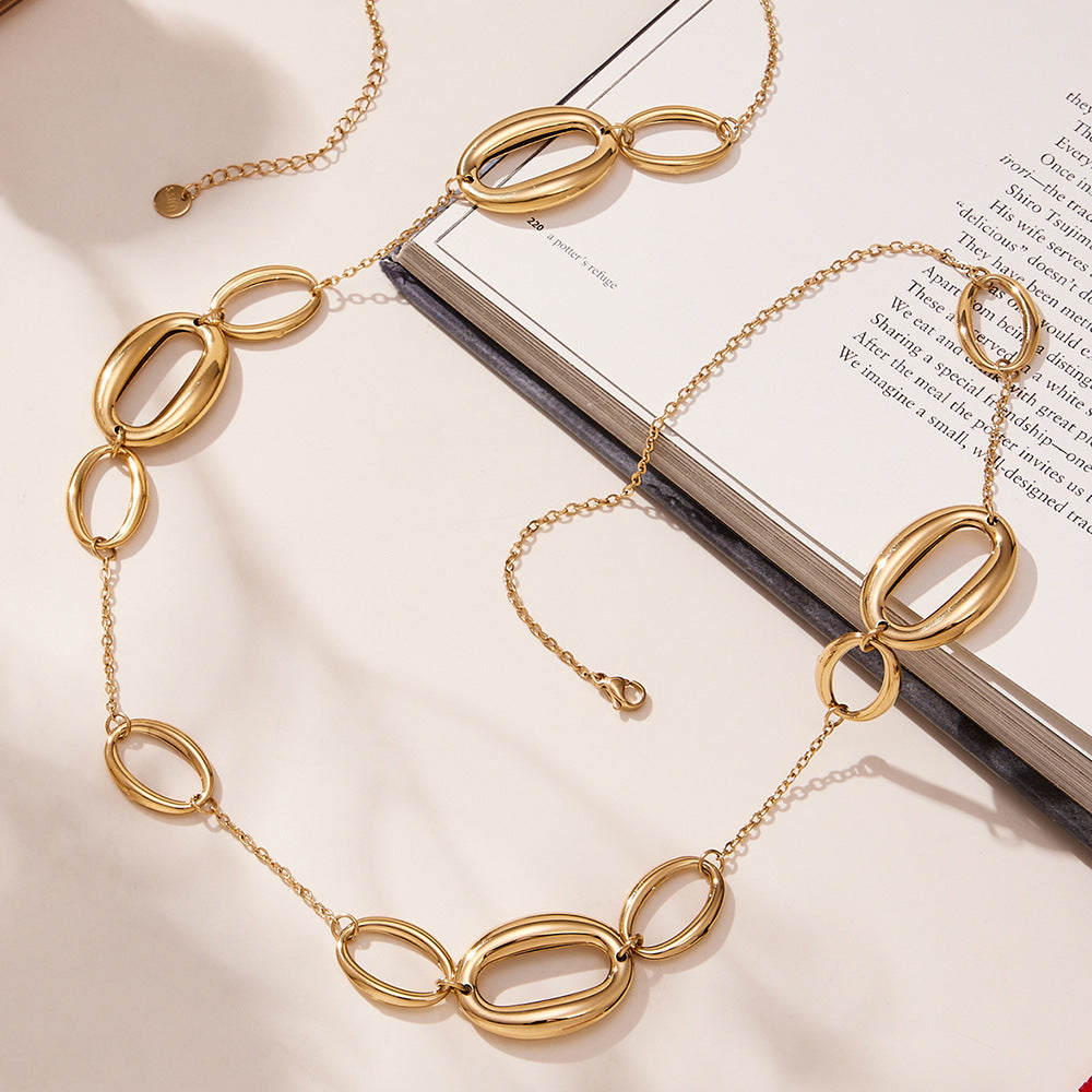 B廠【M084】不鏽鋼幾何長項鍊 鍍18k金ins歐美時尚百搭O字形拼接毛衣
 25.11-3