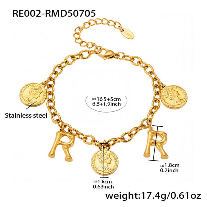 B廠【RE002】歐美飾品不鏽鋼26個字母伊莉莎白女王圖像手鍊鍍18k金色保色 25.07-3
