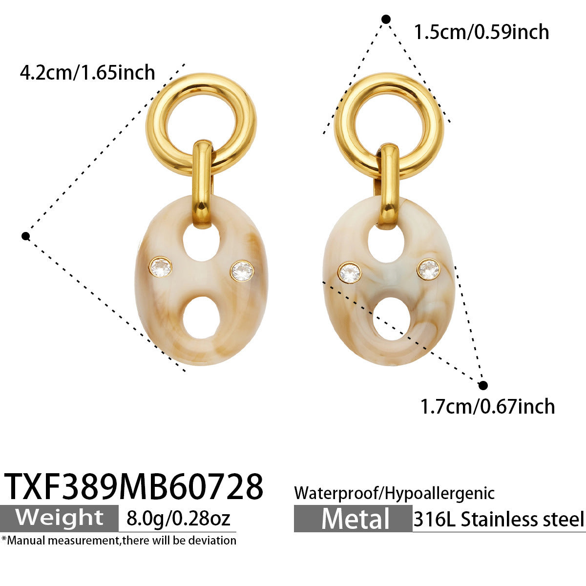 B廠【TXP389】時尚歐美不銹鋼鍍18k金 樹脂鑲嵌鋯石豬鼻耳環項鍊手鍊女飾品套裝
 26.08-1