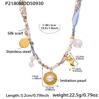 B廠【P2181】 diy絲巾項鍊 虎眼石仿珍珠頸鍊 小眾設計感打結布條飾品
 25.10-2