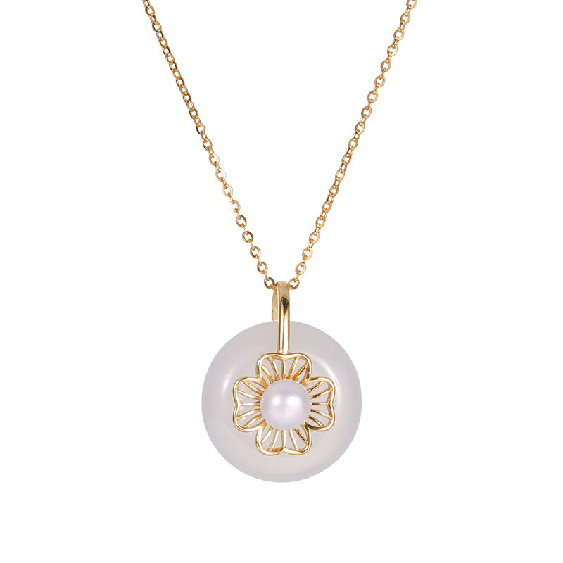 F廠【XDQ0054N】S925純銀白玉髓平安扣項鍊女新中式淡水珍珠四葉草鎖骨鏈
 25.11-1