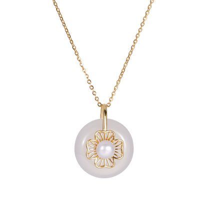 E廠【XDQ0054N】S925純銀白玉髓平安扣項鍊女新中式淡水珍珠四葉草鎖骨鏈
 25.11-1