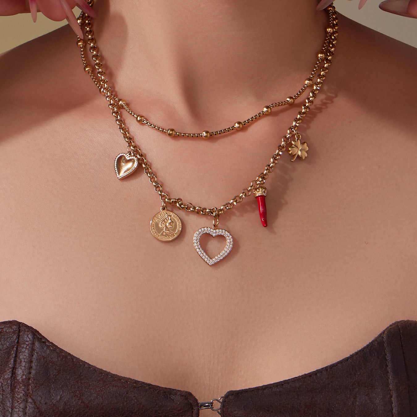 B廠【P170】不銹鋼雙層疊戴項鍊 ins愛心鋯石多吊墜歐美百搭輕奢鎖骨鏈
 25.11-3