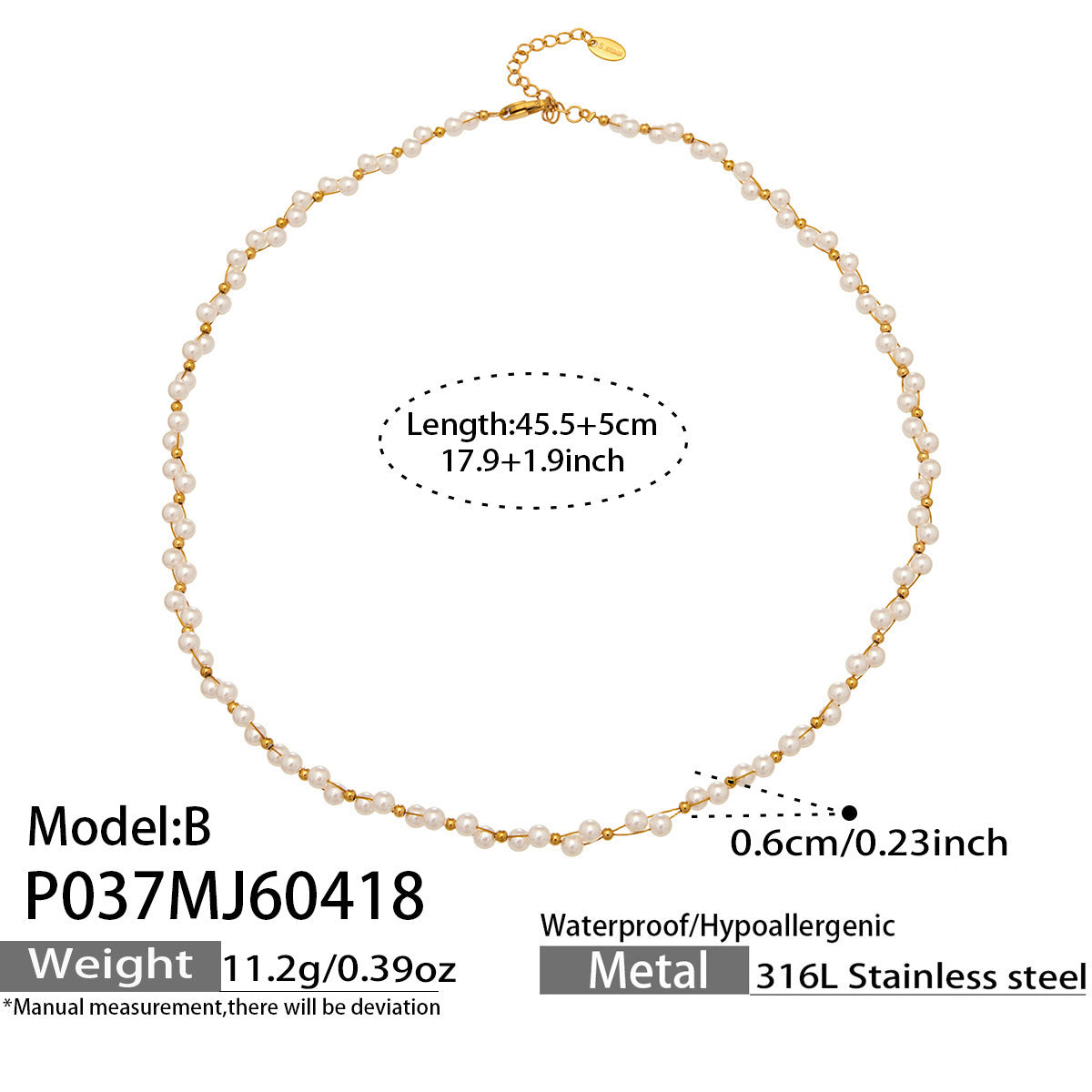 B廠【P037】歐美新款不規則手工串珠仿珍珠項鍊不鏽鋼鍍18k金鍊項鍊不掉色
 26.04-4