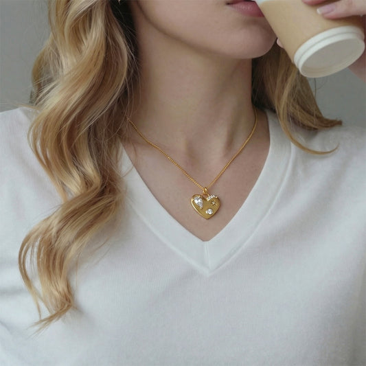 B廠【P016】法式愛心鑲嵌鋯石銅材質吊墜ins簡約輕奢時尚不鏽鋼鏈條鎖骨項鍊
 26.02-1