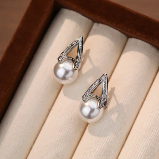 E廠【XDQ11059E】S925純銀輕奢仿珍珠馬蹄耳扣女時尚優雅鑲鑽V型耳環氣質耳飾
 26.03-2