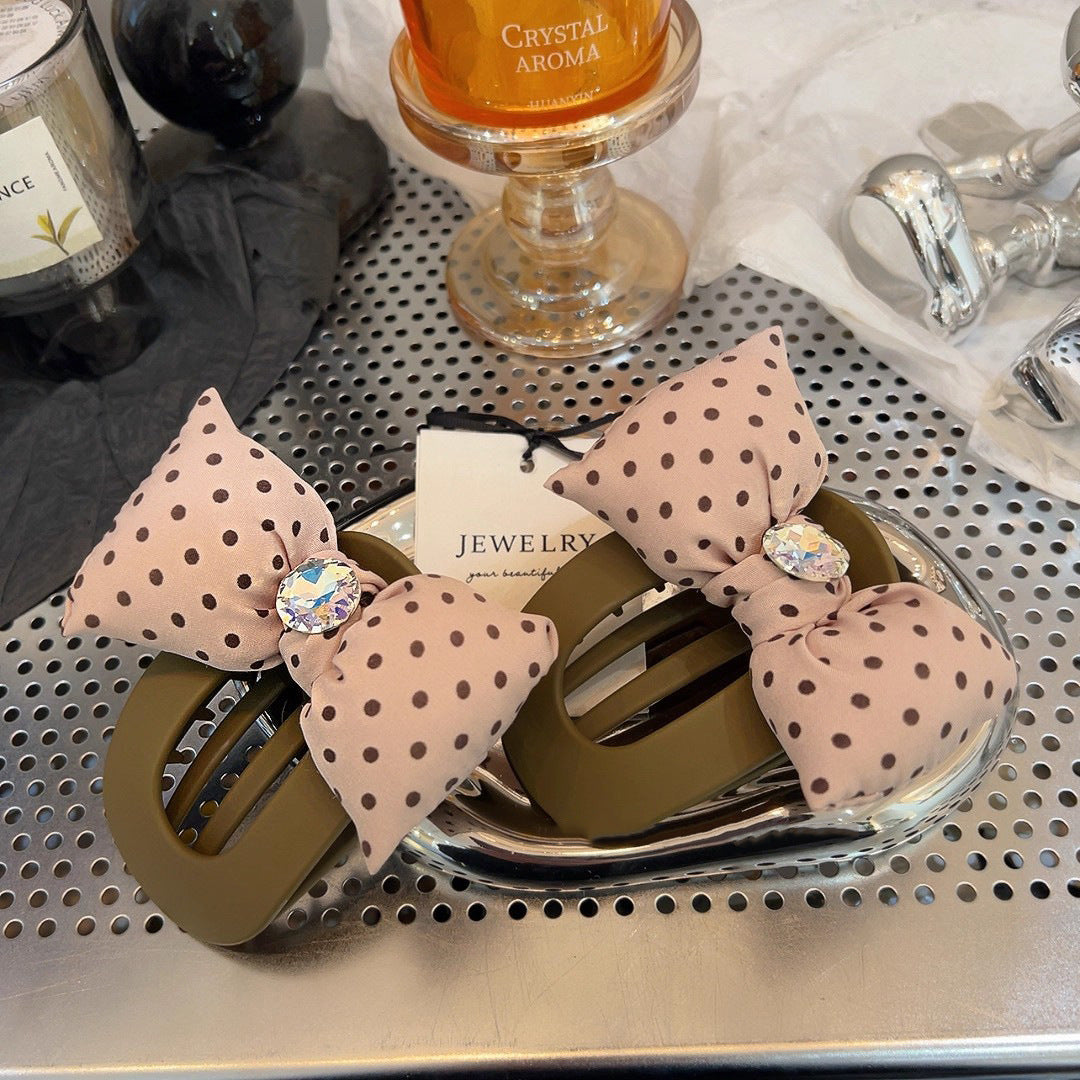 C廠【Y954】東方門新款粉紅波點海綿蝴蝶結髮夾後腦勺盤髮鴨嘴夾大抓夾髮飾
 25.12-3「C廠-單筆結帳需滿，NT$500出貨(不含運費)」